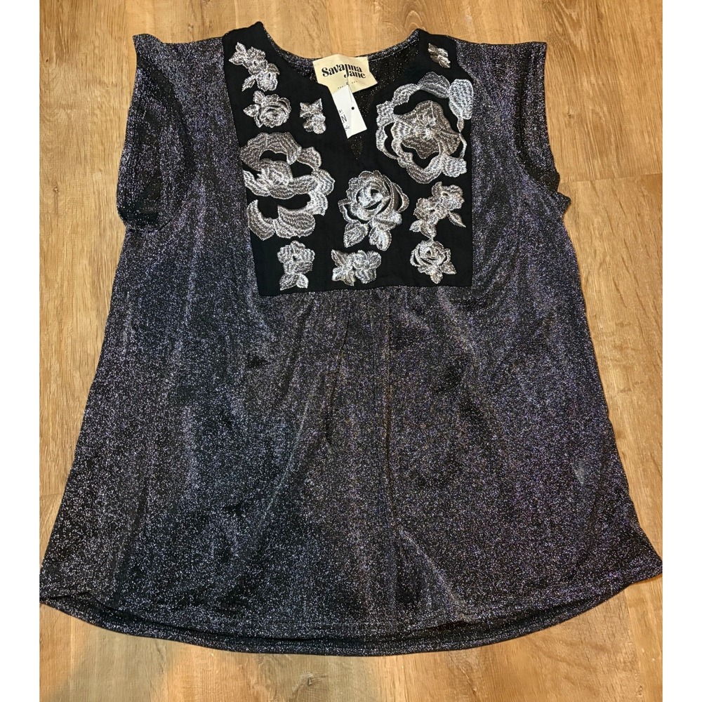 Savanna Jane Womens Floral Embroidered Shimmer Sparkle Top Size Small Gray